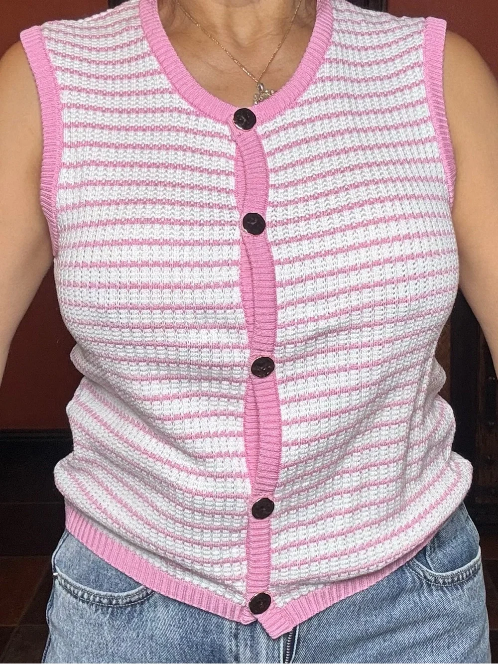 Love Tree Pink & White Striped Sleeveless Button Cardigan